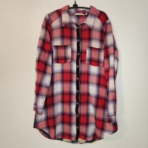 Soft Surroundings Red White Plaid with Floral TApestry Back Button Up, Size M